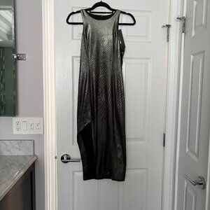 Do+Be Metallic Silver Maxi Dress Slit Studio 54 Disco Chic Liquid Silver Glam S